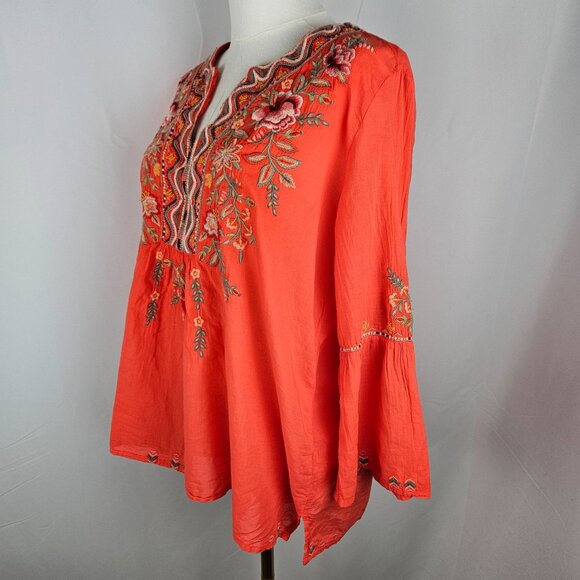 Johnny Was Alise Flare Sleeve Coral Blouse Medium Embroidered Boho Peasant Boho - Picture 6 of 12